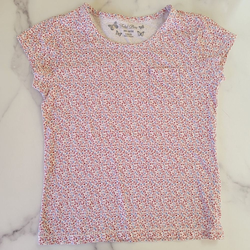 Faded glory large 10/12 red white mini floral country summer casual shirt